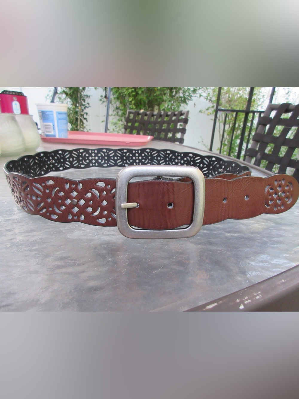 Women's Brown Laser-Cut Leather Belt with Silver Buckle